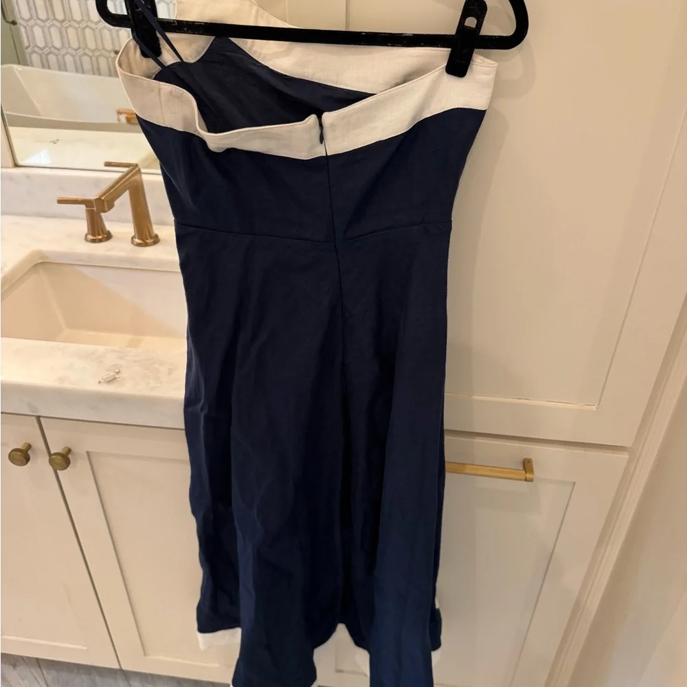 STAUD Strapless Dress in Navy and White - Picture 4 of 5